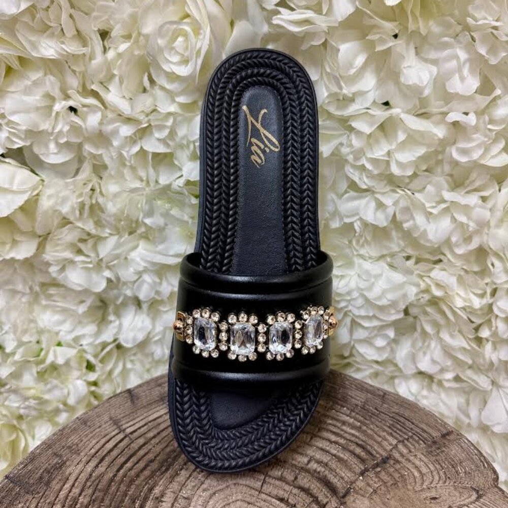 Black Sandal with Gold and Silver Gem Detailing